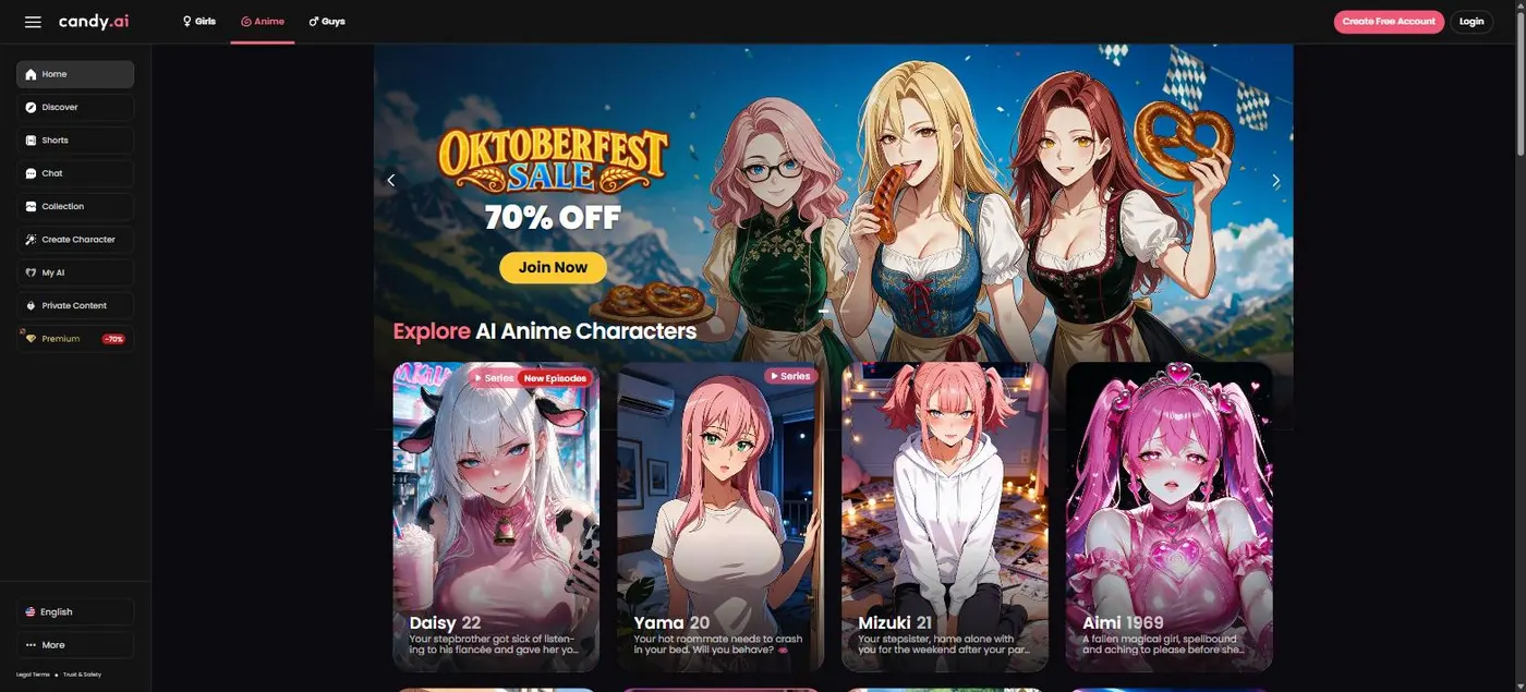 Anime tab on Candy showing anime-style adult characters with listed ages, and Series badges on some of them