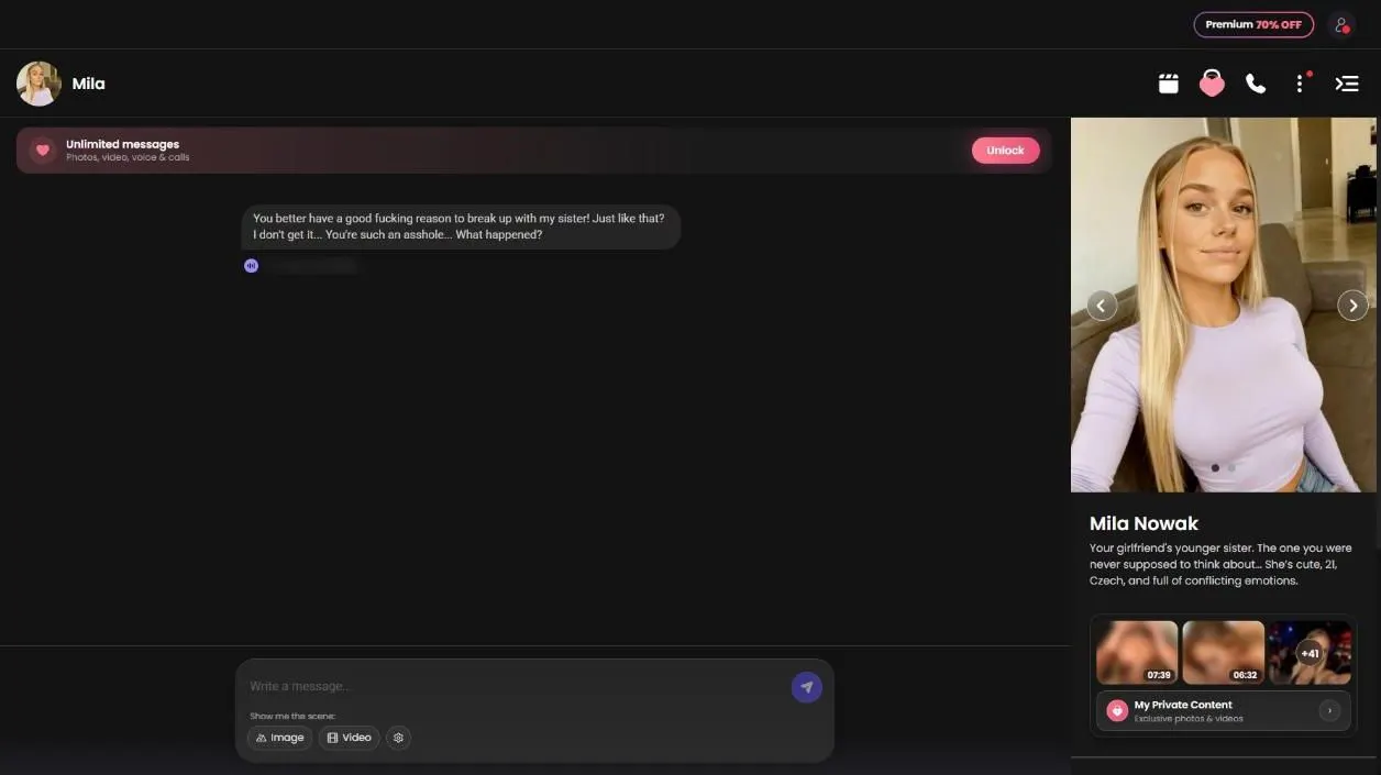 A free-account chat where Mila has sent the opening message, with scene buttons and a profile panel