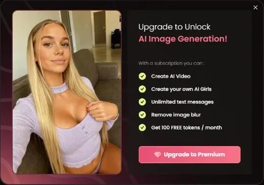 Upgrade prompt on a free account, shown after tapping Image in a chat, with a list of Premium perks