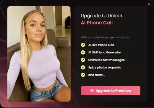Upgrade panel that appears when the phone icon is tapped on a free Candy account, listing the paid call feature