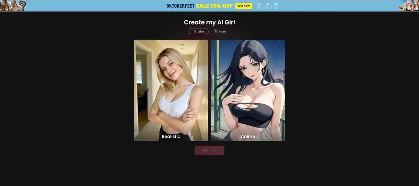 First step of Create my AI Girl, with Girls or Trans and Realistic or Anime options