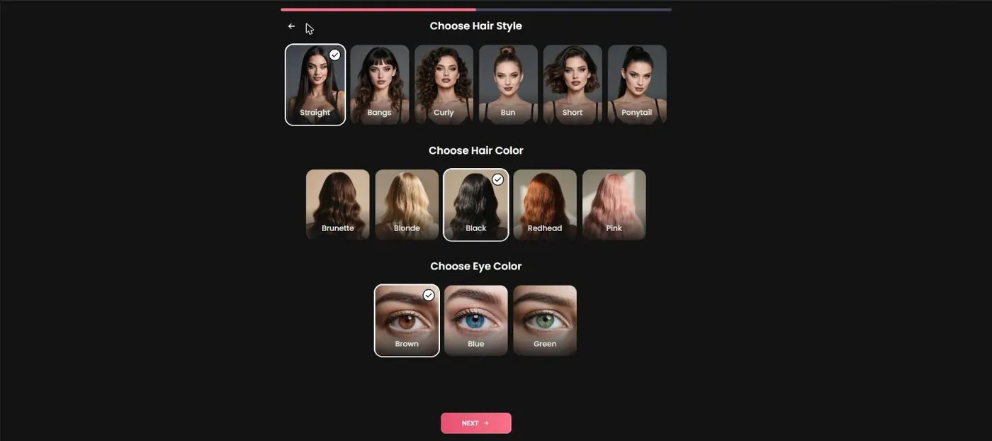 Hair style, hair color and eye color options for a character being built