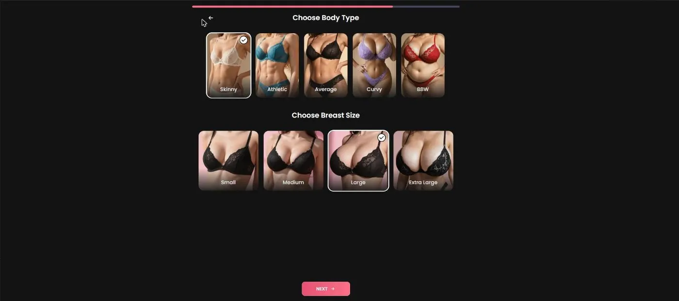 Body type options from skinny to BBW, with breast size choices listed beside them