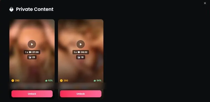 Private Content section on Mila Nowak’s profile showing two video and photo packs, each priced at 290 tokens, with ratings